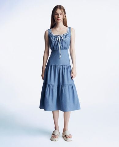  GIGI - Đầm hai dây denim cổ vuông phối bèo dịu dàng 