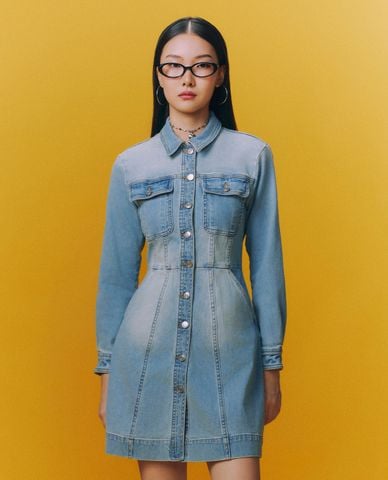  GIGI - Đầm denim mini cổ bẻ tay dài hiện đại 