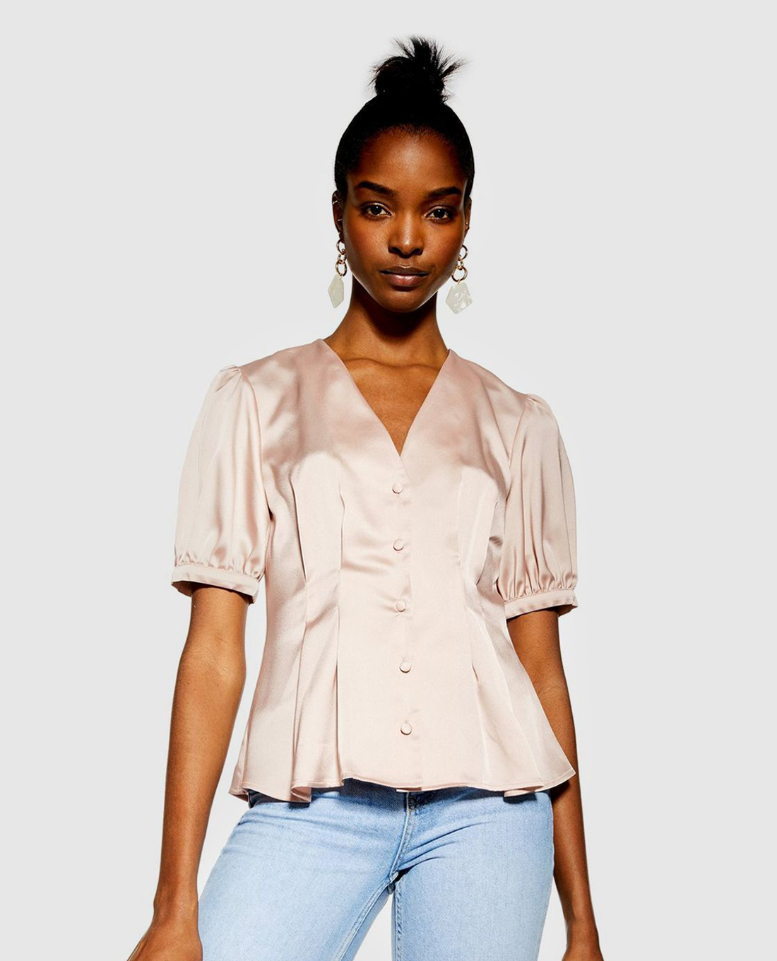 Áo kiểu nữ cổ V phối nút Pleat Detail Button