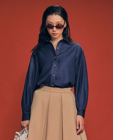  GIGI - Áo sơ mi denim nữ cổ bẻ tay dài thanh lịch 