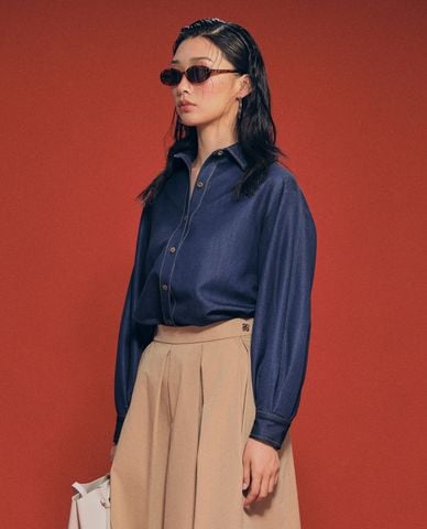  GIGI - Áo sơ mi denim nữ cổ bẻ tay dài thanh lịch 