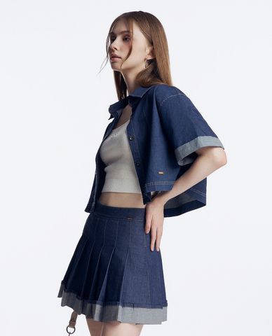  GIGI - Áo sơ mi denim nữ croptop cổ bẻ tay ngắn cá tính 