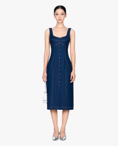  GIGI - Đầm denim midi sát nách phối nút hiện đại 