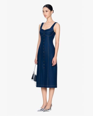  GIGI - Đầm denim midi sát nách phối nút hiện đại 