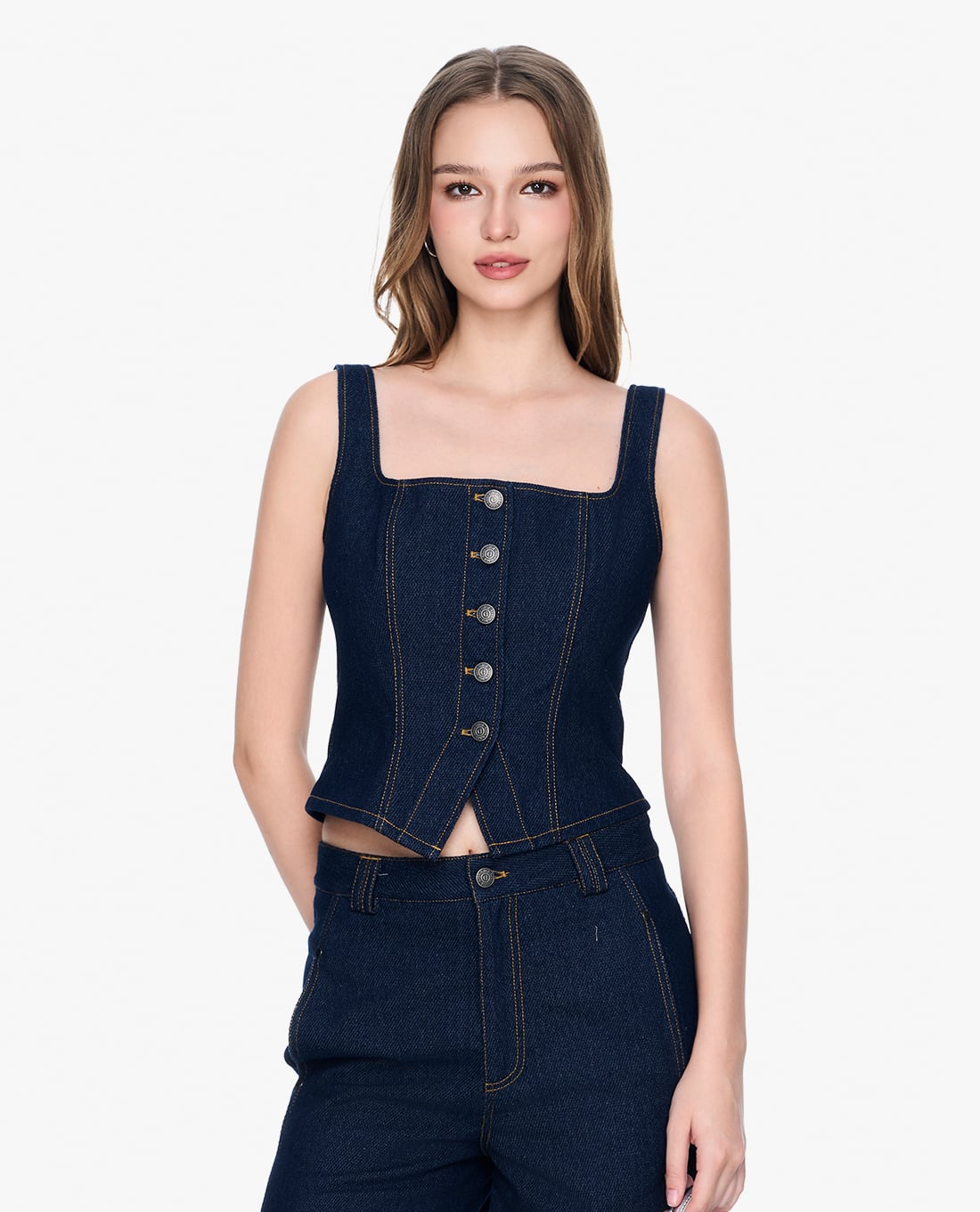 GIGI - Áo hai dây nữ denim phom croptop phối nút trẻ trung