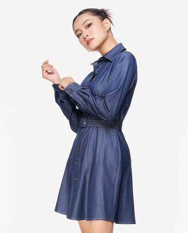  GIGI - Đầm denim sơ mi tay dài phối thắt lưng 