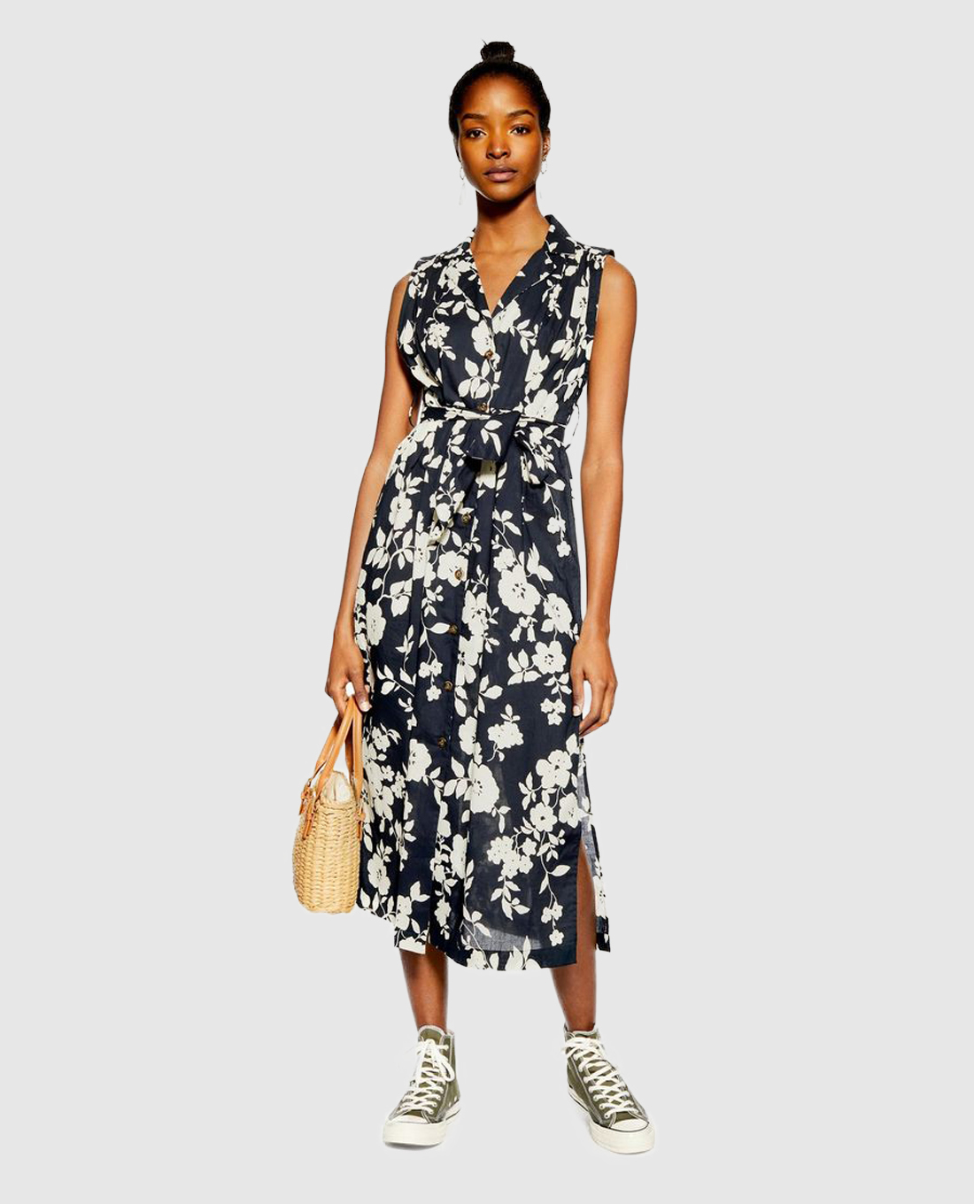 Đầm midi sơ mi thắt eo Belted Floral Sleeveless