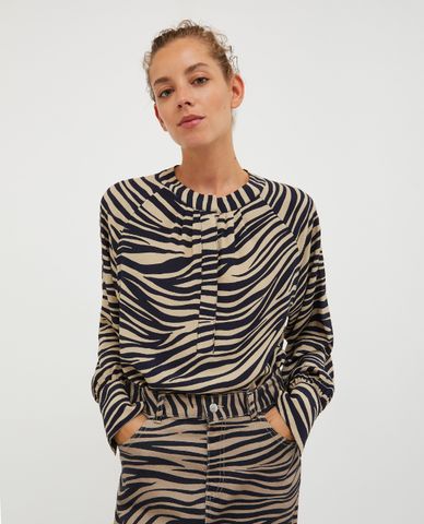  MAX&Co. - Áo kiểu cổ tròn tay dài phối nút hoạ tiết sọc vằn Seppia 