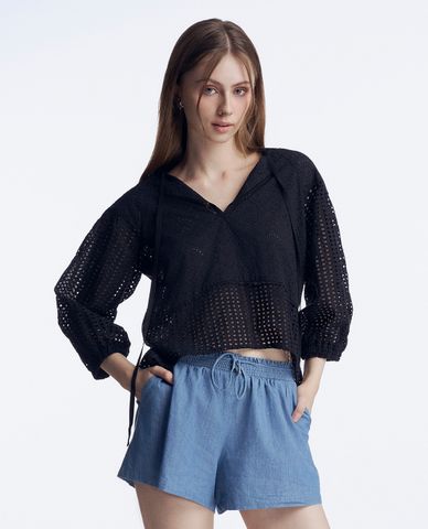  GIGI - Áo kiểu nữ cổ V tay dài phối lưới kèm dây phóng khoáng 