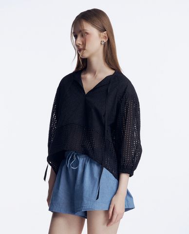  GIGI - Áo kiểu nữ cổ V tay dài phối lưới kèm dây phóng khoáng 