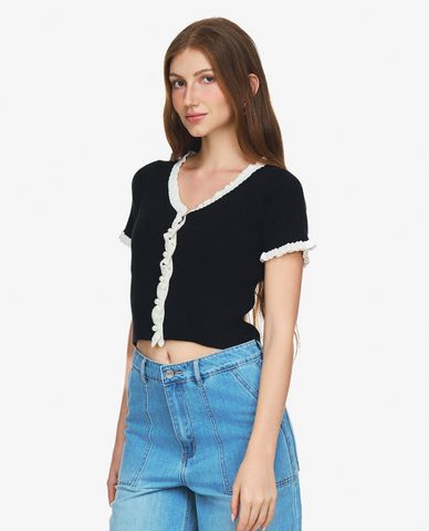  GIGI - Áo dệt kim croptop cổ tròn tay ngắn hiện đại 