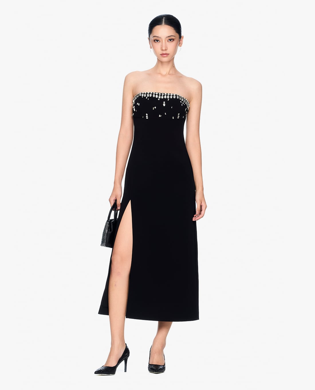 GIGI - Đầm midi cúp ngực xẻ tà đính đá thời trang