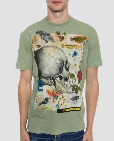  DSQUARED2 - Áo thun nam cổ tròn họa tiết đầu lâu 