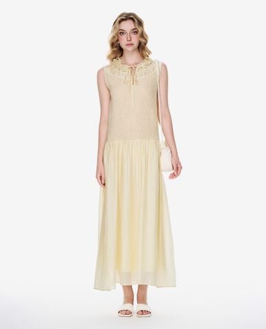  GIGI - Đầm sát nách midi cổ tròn phối bèo nhún 