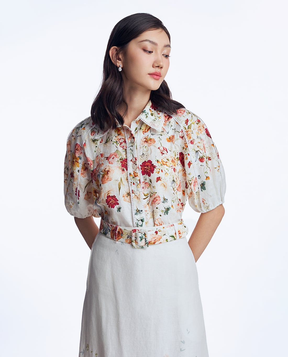 GIGI - Áo sơ mi cổ bẻ tay ngắn phối hoạ tiết nổi bật
