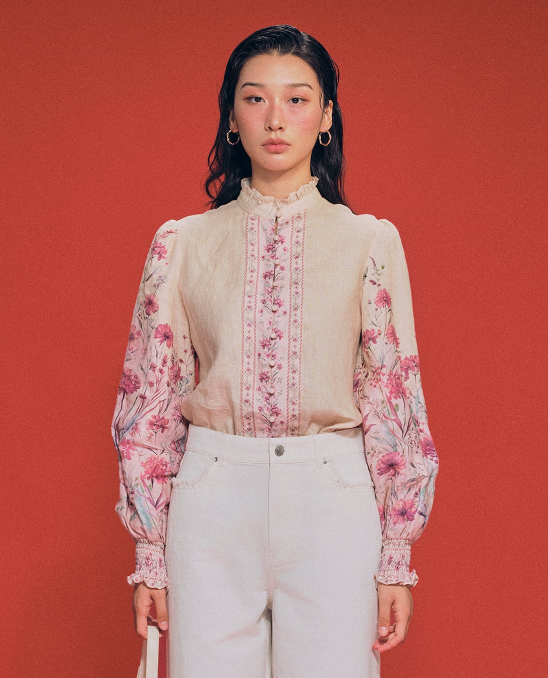 GIGI - Áo kiểu nữ cổ cao tay dài phối hoạ tiết hoa nữ tính