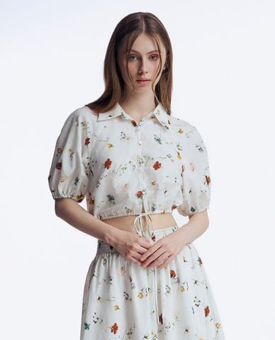  GIGI - Áo sơ mi cổ bẻ tay phồng kèm dây rút hoạ tiết thời thượng 