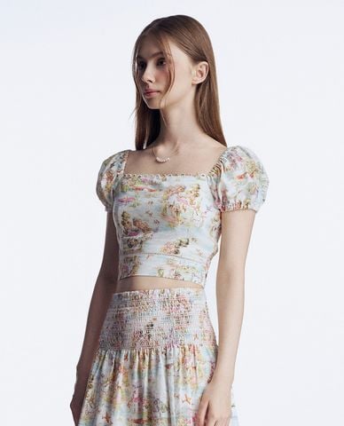  GIGI - Áo croptop nữ cổ vuông tay phồng phối hoạ tiết nổi bật 