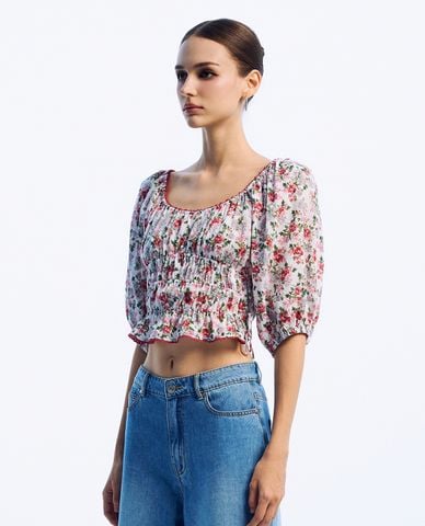  GIGI - Áo croptop cổ thuyền tay lỡ in hoa nữ tính 
