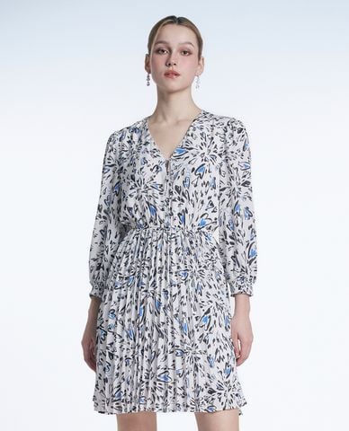  GIGI - Đầm xếp li mini cổ V tay dài bo gấu thời trang 