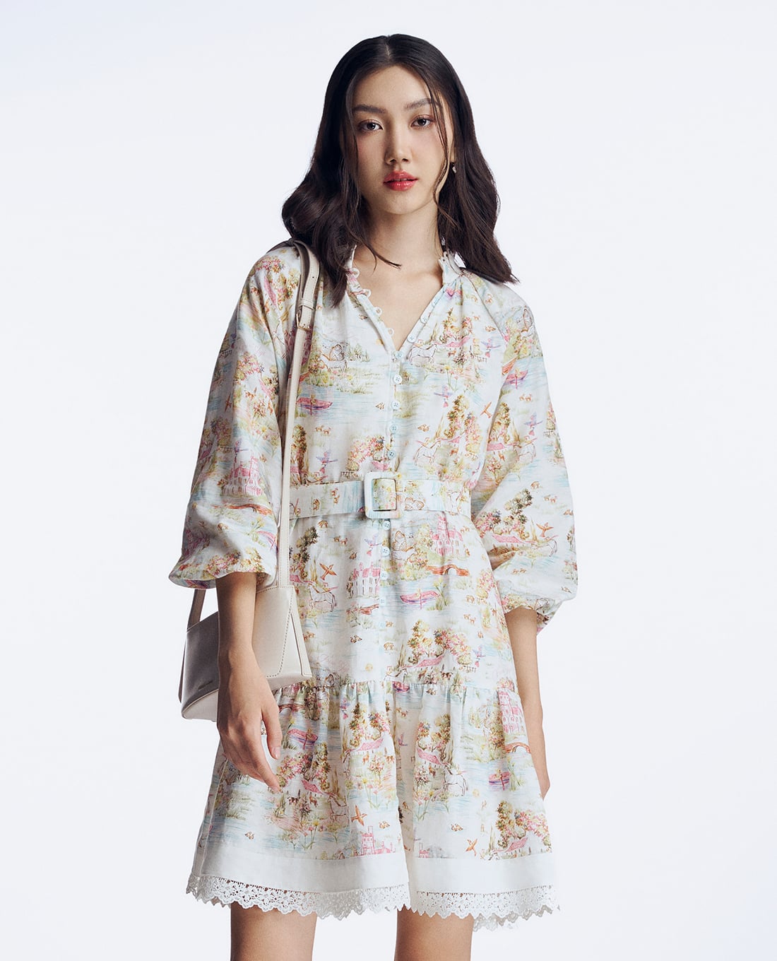 GIGI - Đầm xếp tầng mini cổ V tay dài hoạ tiết phối thắt lưng