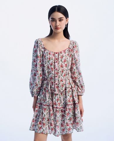  GIGI - Đầm xếp tầng mini cổ vuông tay lỡ phồng cá tính 