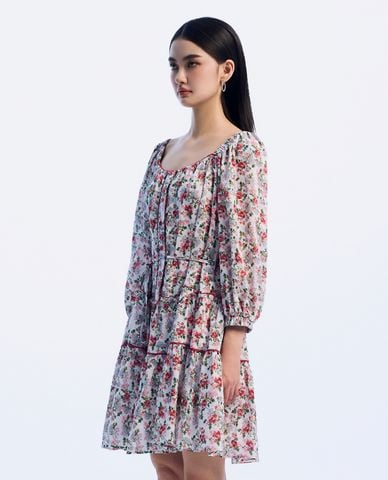  GIGI - Đầm xếp tầng mini cổ vuông tay lỡ phồng cá tính 