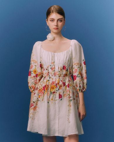  GIGI - Đầm mini cổ tròn tay bồng hoạ tiết hoa thời thượng 