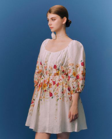  GIGI - Đầm mini cổ tròn tay bồng hoạ tiết hoa thời thượng 