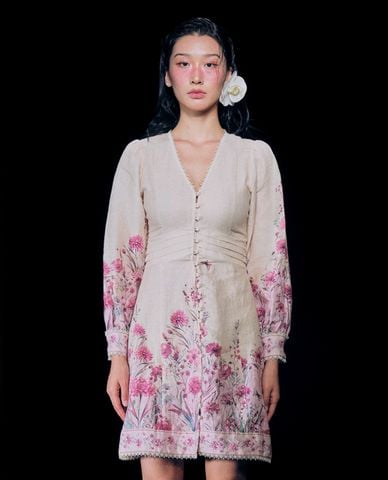  GIGI - Đầm mini cổ V tay dài phối hoạ tiết hoa nữ tính 