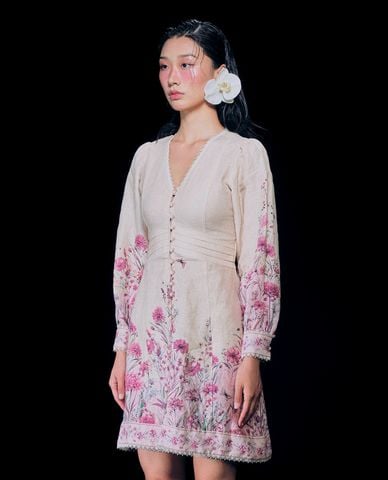  GIGI - Đầm mini cổ V tay dài phối hoạ tiết hoa nữ tính 