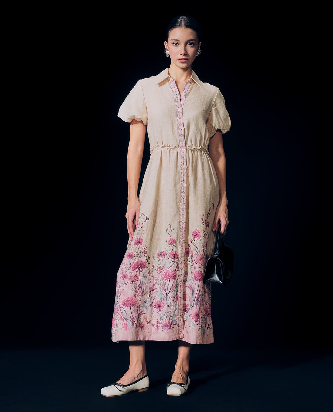 GIGI - Đầm sơ mi cổ bẻ tay phồng phom midi thời trang