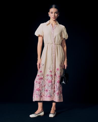  GIGI - Đầm sơ mi cổ bẻ tay phồng phom midi thời trang 