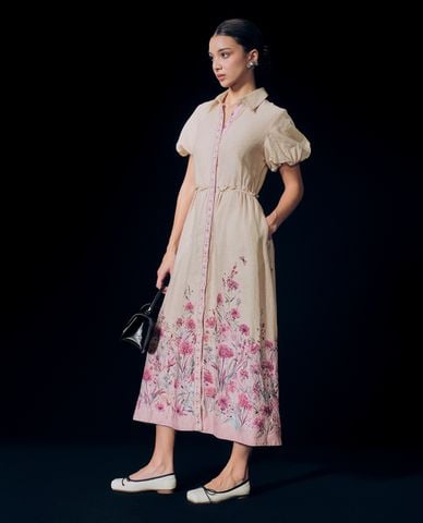  GIGI - Đầm sơ mi cổ bẻ tay phồng phom midi thời trang 