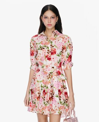  GIGI - Đầm mini cổ bẻ tay lỡ in hoa phối nơ thời trang 