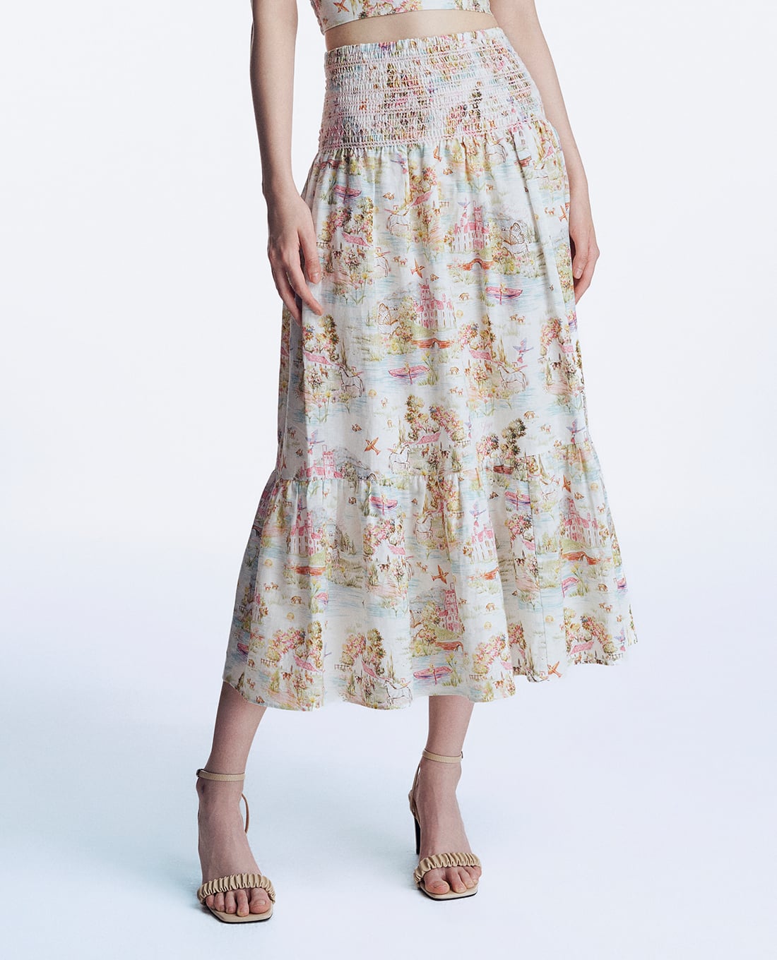 GIGI - Chân váy xếp tầng lưng cao midi hoạ tiết thời trang
