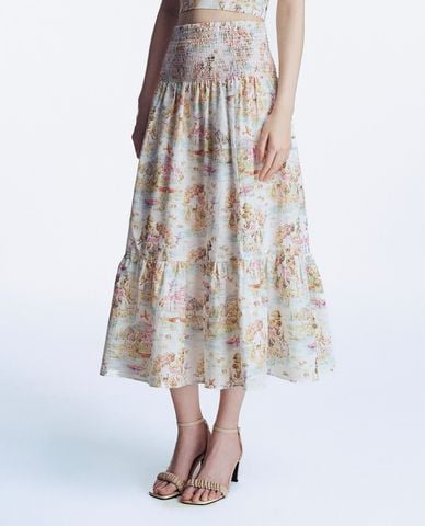  GIGI - Chân váy xếp tầng lưng cao midi hoạ tiết thời trang 