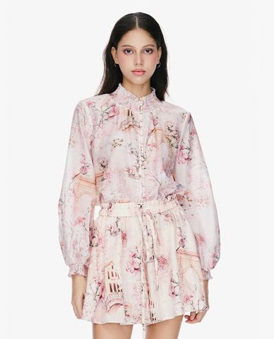  GIGI - Đầm mini cổ tròn tay bồng phối hoạ tiết hoa nữ tính 