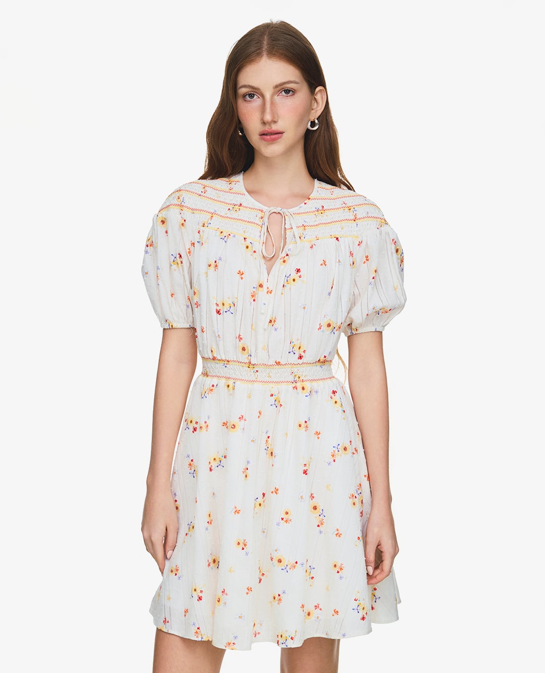 GIGI - Đầm mini cổ V tay phồng phối hoa nhí