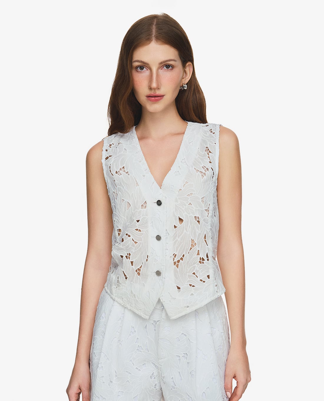 GIGI - Áo khoác gilet nữ cổ V phối hoa văn