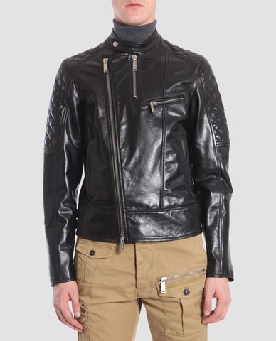  DSQUARED2 - Áo khoác nam da tay dài khóa chéo Black Leather 