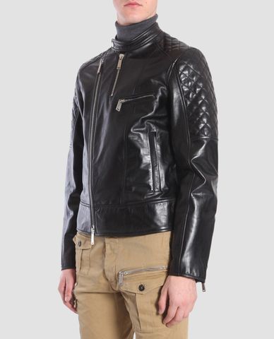  DSQUARED2 - Áo khoác nam da tay dài khóa chéo Black Leather 