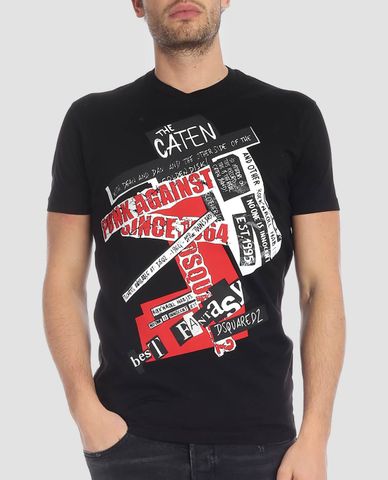  DSQUARED2 - Áo thun nam cổ tròn chữ in họa tiết Caten 