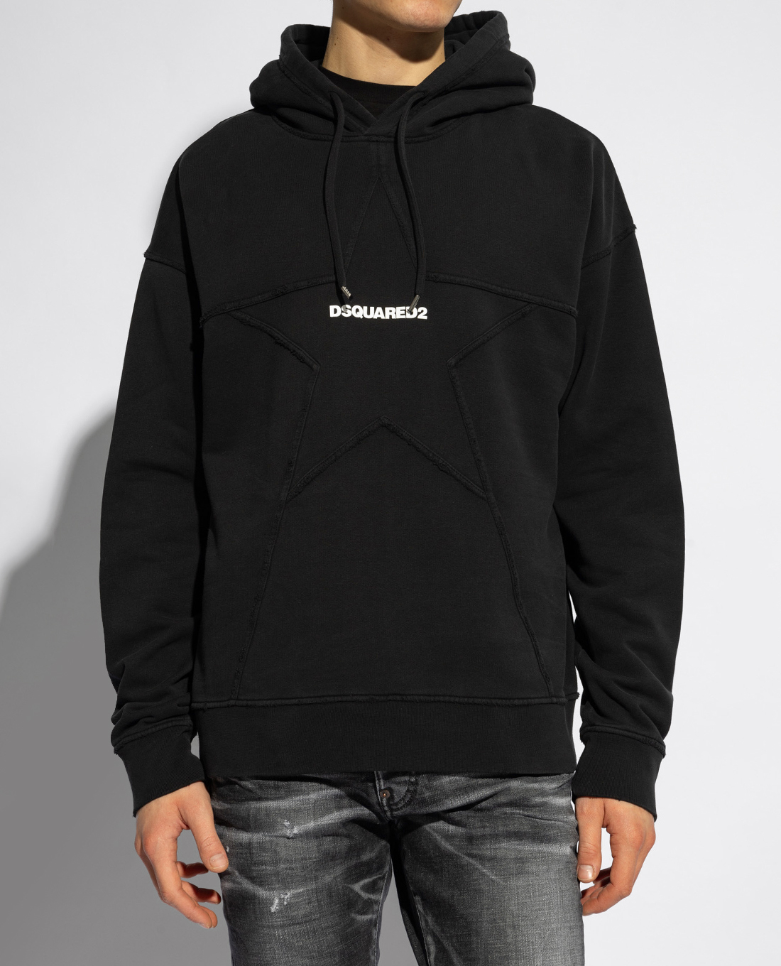 DSQUARED2 - Áo hoodie nam phối mũ dây rút tay dài trang trí ngôi sao