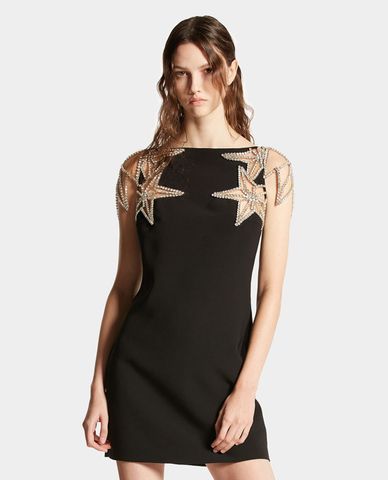  DSQUARED2 - Đầm mini cổ tròn tay áo đính đá hình ngôi sao cách điệu Crystal 