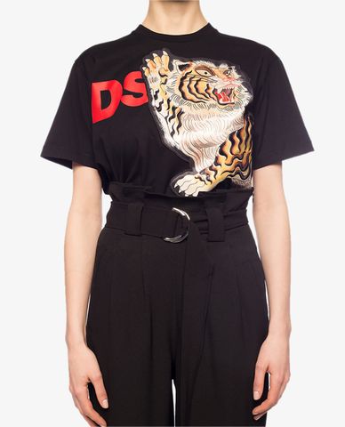  DSQUARED2 - Áo thun nữ cổ tròn tay ngắn phối hình Tiger cá tính 
