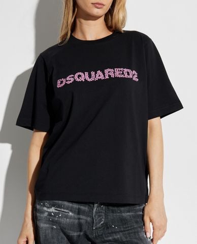  DSQUARED2 - Áo thun nữ cổ tròn tay ngắn đính hạt Jersey Easy 
