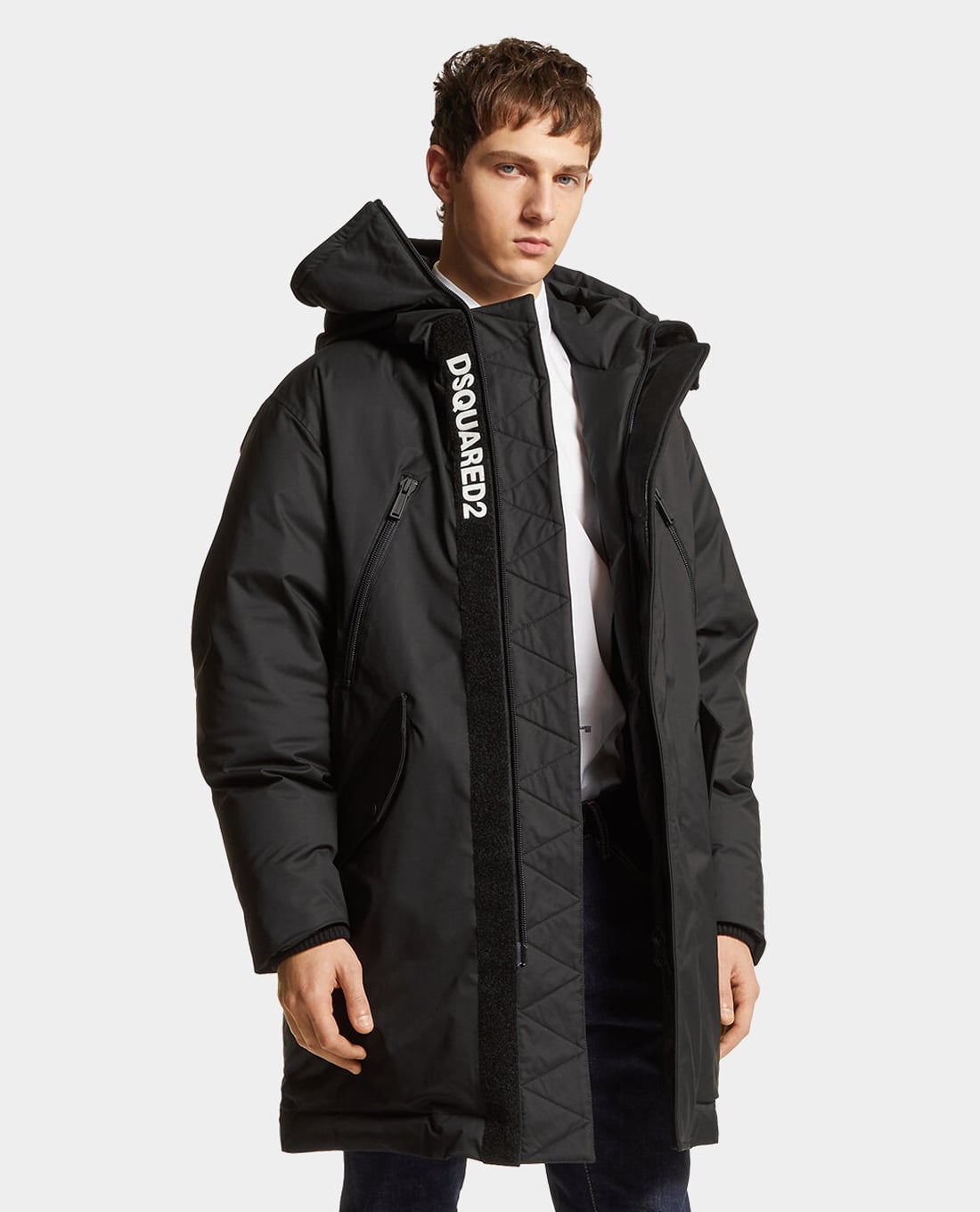 DSQUARED2 - Áo khoác phao nam dáng dài phối mũ Techno
