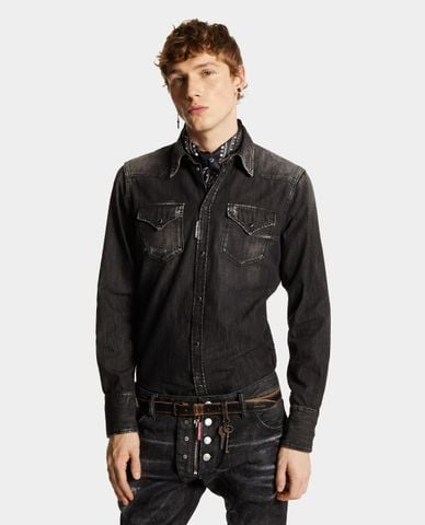  DSQUARED2 - Áo sơ mi nam cổ bẻ tay dài wash bạc 