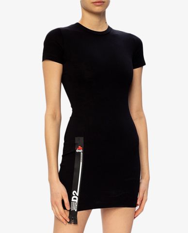  DSQUARED2 - Đầm mini ngắn tay cổ tròn phối khóa zip nổi bật 